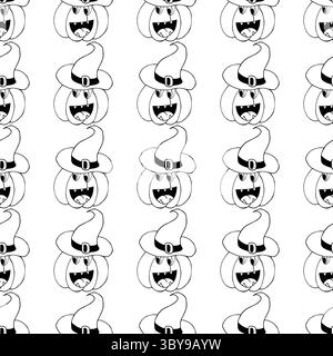 Halloween seamless pattern in hand draw style. Jack-o-lantern in witch hat. Monochrome wallpaper for your creativity. Print for design, textile, fabri Stock Vector