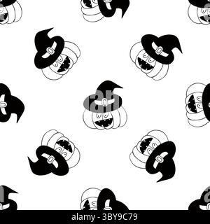 Halloween seamless pattern in hand draw style. Pumpkin in witch hat. Monochrome wallpaper for your creativity Stock Vector
