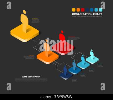 An illustrative isometric organization chart infographic displays a clear business hierarchy. This colorful 3D organization chart visually represents Stock Vector