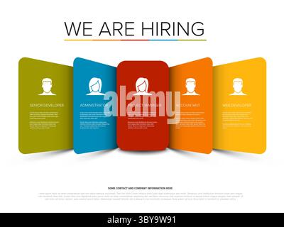 'We Are Hiring' infographic highlights multiple job vacancies and diverse employment opportunities. Ideal visual for recruitment campaigns, showcasing Stock Vector