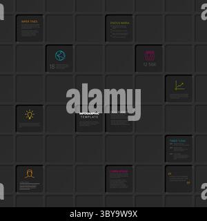 This sleek, dark mode infographic template features a modern grid layout for presenting information. It's an adaptable dark mode infographic template, Stock Vector