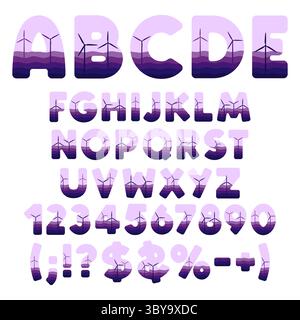 Font, alphabet with waves and windmills, wind turbines. Isolated vector objects on white background. Stock Vector