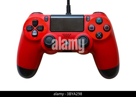 red Sony Playstation PS4 controller DualShock 4 set on white background for video gaming gameplay Stock Photo