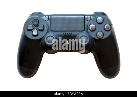 black Sony Playstation PS4 controller DualShock 4 isolated on white background for video gaming gameplay Stock Photo