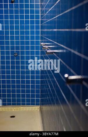 Blue Tiled Shower Stall Clean Public Facility Stock Photo