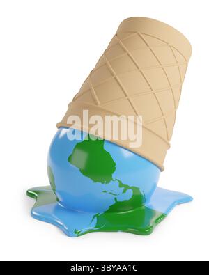 Melted ice cream in the shape of planet earth isolated on white background. Global warming concept. 3d illustration. Stock Photo