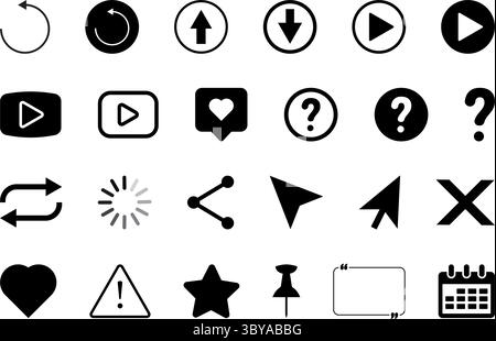 A diverse set of black and white icons representing actions like play refresh share and navigation elements for digital interfaces. Stock Vector