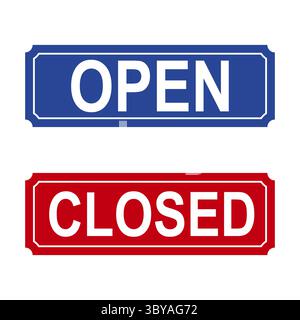 Open and Closed Sign Illustration. The top sign is blue with the word OPEN. The bottom sign is red with the word CLOSED. Stock Vector