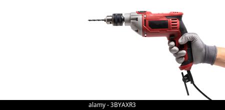 Electric drill in hand man on white background Stock Photo