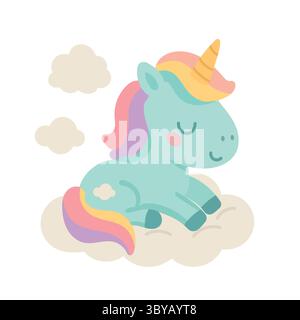 Dreamy blue unicorn with rainbow tail sleeps on a fluffy cloud in a peaceful pastel sky, ideal for bedtime illustrations and whimsical nursery prints Stock Vector