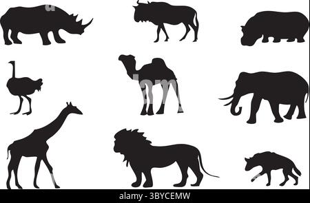Set of African Animal Silhouettes - Wildlife and Safari Icons Stock Vector