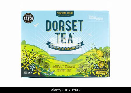 A studio shot of a box of Dorset tea on a white background. Stock Photo