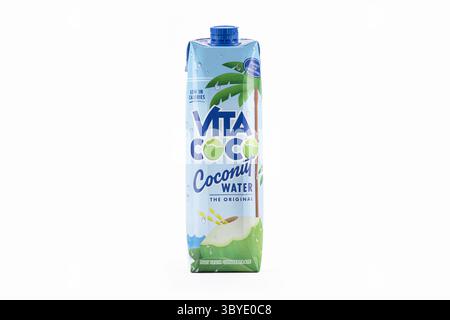 A studio shot of a bottle of Vita Coco coconut water on a white background. Stock Photo
