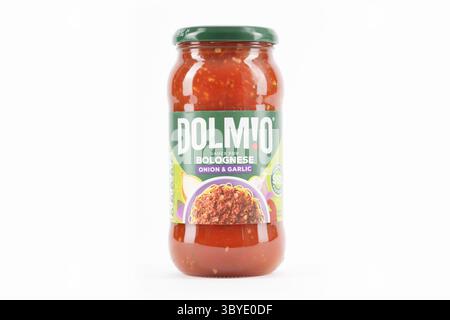 A studio shot of a jar of Dolmio bolognese cooking sauce on a white background. Stock Photo