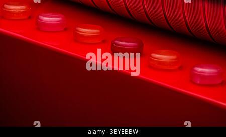 A close-up view of a conveyor belt with a row of colorful gummy candies rolling along it. The candies display a gradient of shades, transitioning from Stock Photo