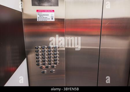 Close up view of elevator control panel in Las Vegas hotel showing missing 13th floor button. Las Vegas. USA. Stock Photo