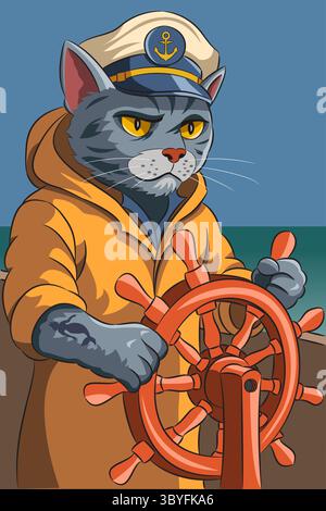 Sea captain cat vector illustration Stock Vector