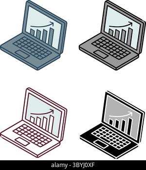 Set of Laptops with Bar Charts and Arrows – Business Growth, Online Analytics, ROI Dashboards, Financial Stats, and Digital Marketing Performance Icon Stock Vector