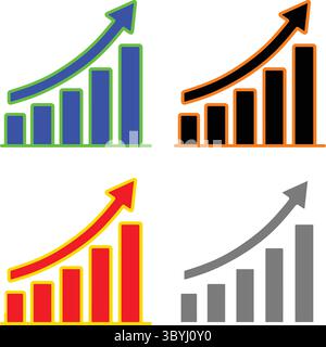Set of Colorful Growth Chart Icons Showing Upward Business Graphs – Financial Success, Sales Increase, Marketing Analytics, and Data Performance Stock Vector