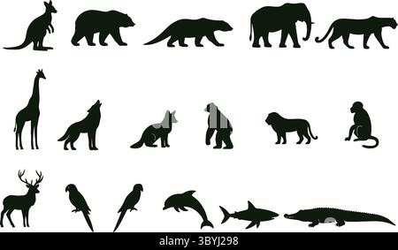 Black and White Silhouette Illustrations of Various Animals in Different Poses Stock Vector