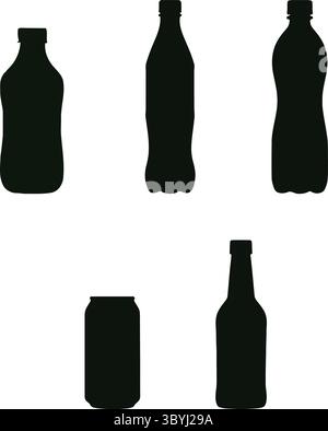 Black and White Silhouette Illustrations of Various Beverage Containers Stock Vector