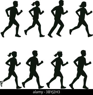 Black and White Silhouette Illustrations of People Running in Various Poses Stock Vector