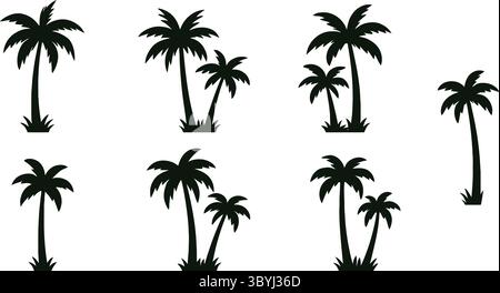 Black and White Silhouette Illustrations of Palm Trees in Various Sizes and Poses Stock Vector