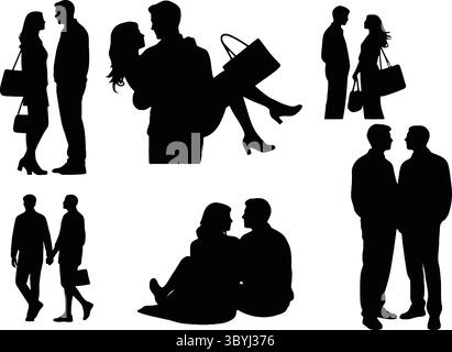 Black and White Silhouette Illustrations of Couples in Various Social