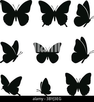 Black and White Silhouette Illustrations of Butterflies in Various Poses Stock Vector