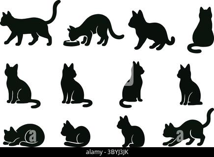 Black and White Silhouette Illustrations of Cats in Various Poses Stock Vector