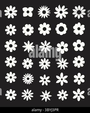 Minimalist White Flower Icons on Black Background Stock Vector