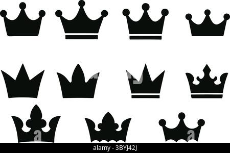 Collection of black crown silhouette icons in various royal and stylized shapes. Perfect for logos, badges, UI/UX design, royalty themes, heraldry Stock Vector