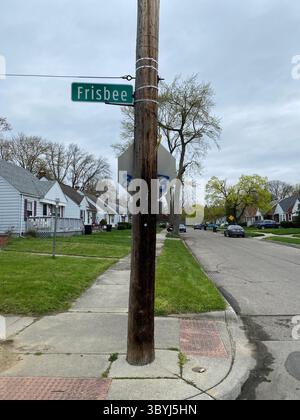 W7M ScoreGang Crips Graffiti Tags at Frisbee & Grandview (19800 Block) showing "83" in blue on the rear of stop signs Stock Photo