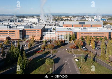 Hillsboro, OR, USA- October 6, 2024 - High quality aerial drone picture of Intel's largest campus Gordon Moore Park at Ronler Acres at sunrise in fall Stock Photo