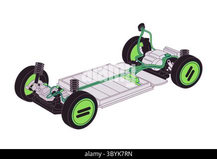 A simplified isometric view of electric vehicle chassis showcasing battery pack electric motors wheels suspension system illustrating the core Stock Vector