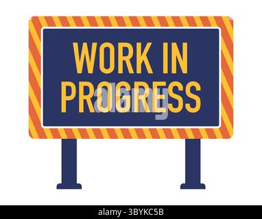 Work in Progress bold road sign with a dark blue background framed by orange yellow diagonal stripes ongoing construction or development ahead Stock Vector