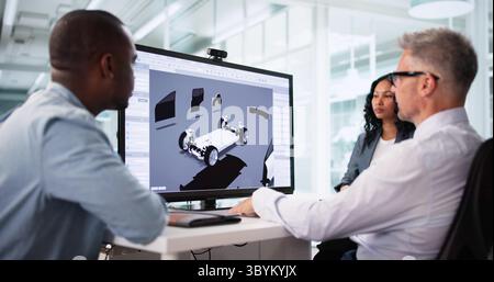 Diverse Group Of Engineers Using Computers To Design Electric Cars Stock Photo
