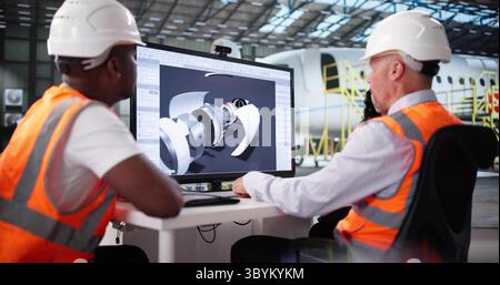 Young Latinx Designer Developing Aircraft Engine CAD Design On Computer Screen. Stock Photo