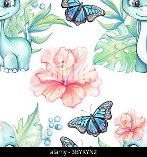 Watercolor seamless pattern featuring playful dinosaurs, tropical leaves, and colorful butterflies creating a whimsical background wallpaper design Stock Vector