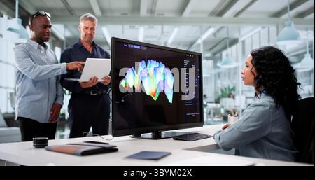Female Analyst Using Computer For Data Analysis In Business Technology Sector Stock Photo