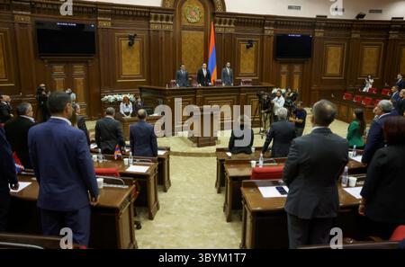October 3, 2023, YEREVAN, Armenia: Yerevan (Armenia), 03/10/2023.- A handout photo made available by the National Assembly of the Republic of Armenia shows Armenian lawmakers during a session in Yerevan, Armenia, 03 October 2023. The Armenian Parliament has ratified the Rome Statute of the International Criminal Court (ICC) after 60 deputies voted for the document and 20 were against. Armenia decided to ratify the Rome Statute, calling the instruments of the CSTO and partnership with Russia insufficient to ensure the security of the republic. Yerevan invited Moscow to sign an agreement to lega Stock Photo