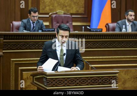 October 3, 2023, YEREVAN, Armenia: Yerevan (Armenia), 03/10/2023.- A handout photo made available by the National Assembly of the Republic of Armenia shows National Assembly's President Alen Simonyan during a session in Yerevan, Armenia, 03 October 2023. The Armenian Parliament has ratified the Rome Statute of the International Criminal Court (ICC) after 60 deputies voted for the document and 20 were against. Armenia decided to ratify the Rome Statute, calling the instruments of the CSTO and partnership with Russia insufficient to ensure the security of the republic. Yerevan invited Moscow to Stock Photo