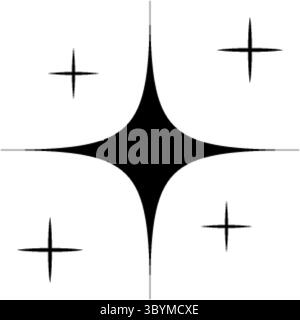 A minimalist black four-pointed star or sparkle symbol is centered on a white background with smaller cross shapes around it. Stock Vector