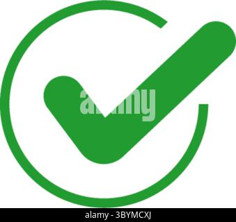 A vibrant green check mark is enclosed within a circular outline, signifying completion, approval, or correctness. Stock Vector