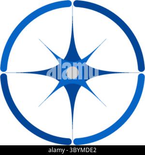 A stylized blue starburst with radiating points is centered within a segmented blue circular frame, suggesting direction and navigation. Stock Vector