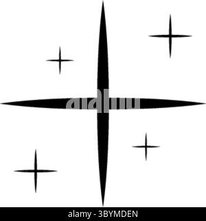 A minimalist graphic featuring a bold black starburst with four radiating points and four smaller, scattered sparkle accents. Stock Vector