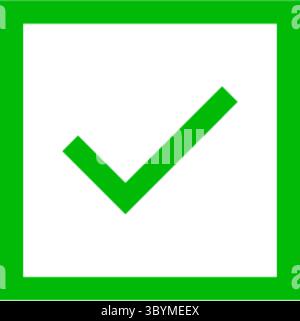 A simple, clean graphic featuring a vibrant green checkmark perfectly centered within a bright green square border against a white background. Stock Vector