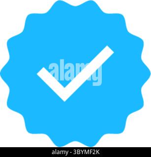 A bright blue, starburst-shaped badge with a white checkmark inside, symbolizing verification and authenticity. Stock Vector