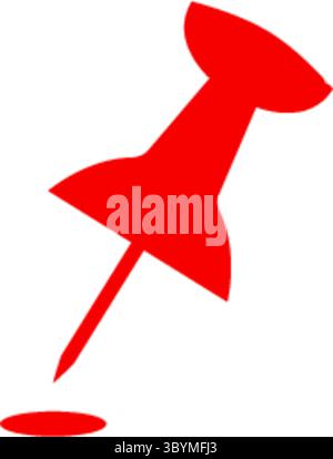 A vibrant red pushpin is depicted, its sharp point piercing a surface, casting a subtle shadow. The image is clean and minimalist. Stock Vector