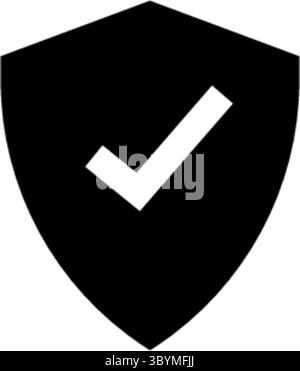 A simple, bold black shield icon featuring a white check mark inside, representing security, protection, and verification. Stock Vector